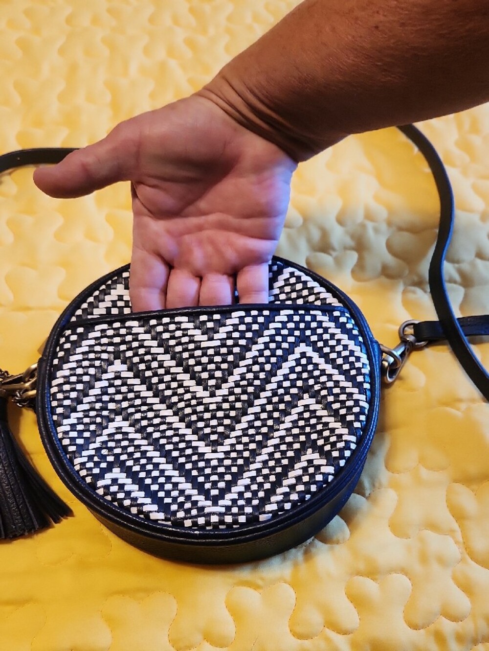 Michael Kors Black and White Chevron Round Crossbody with Tassel - Picture 8 of 8